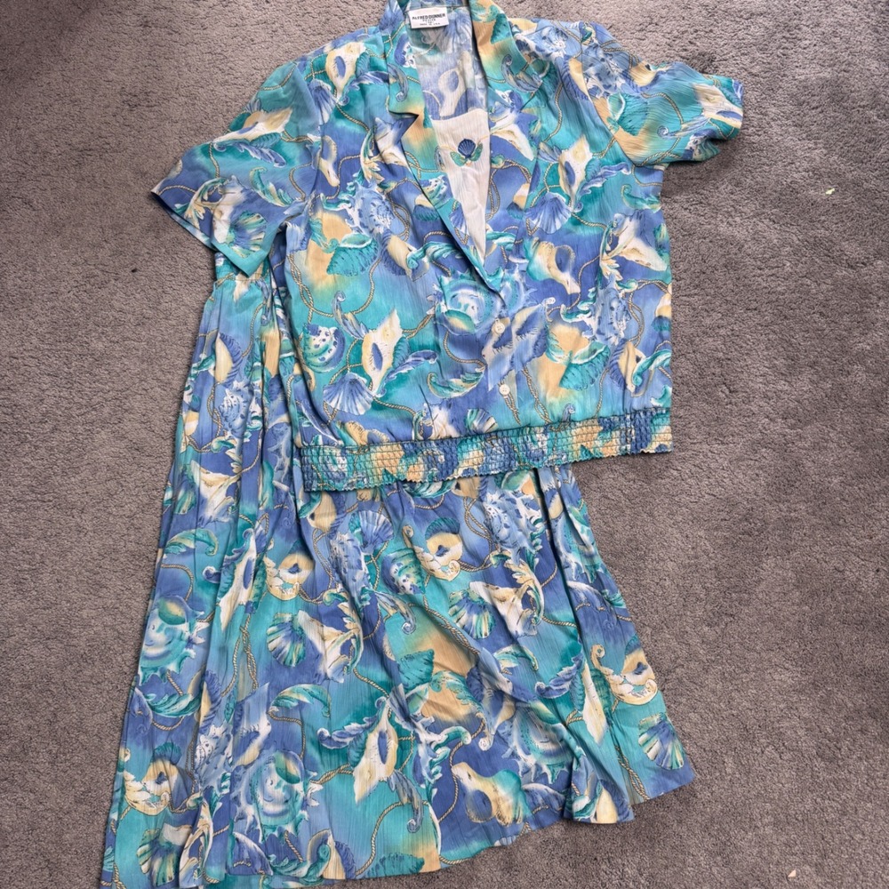 Vintage Alfred Dunner Women's 12 P 2 Pc Seashell Blouse Skirt Blue Beach